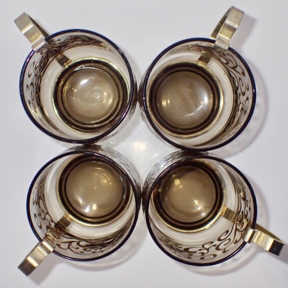 Vintage Hot Toddy/Punch Glasses Set of 4 Brass Handle Painted Scroll Design MCM - Picture 2 of 7